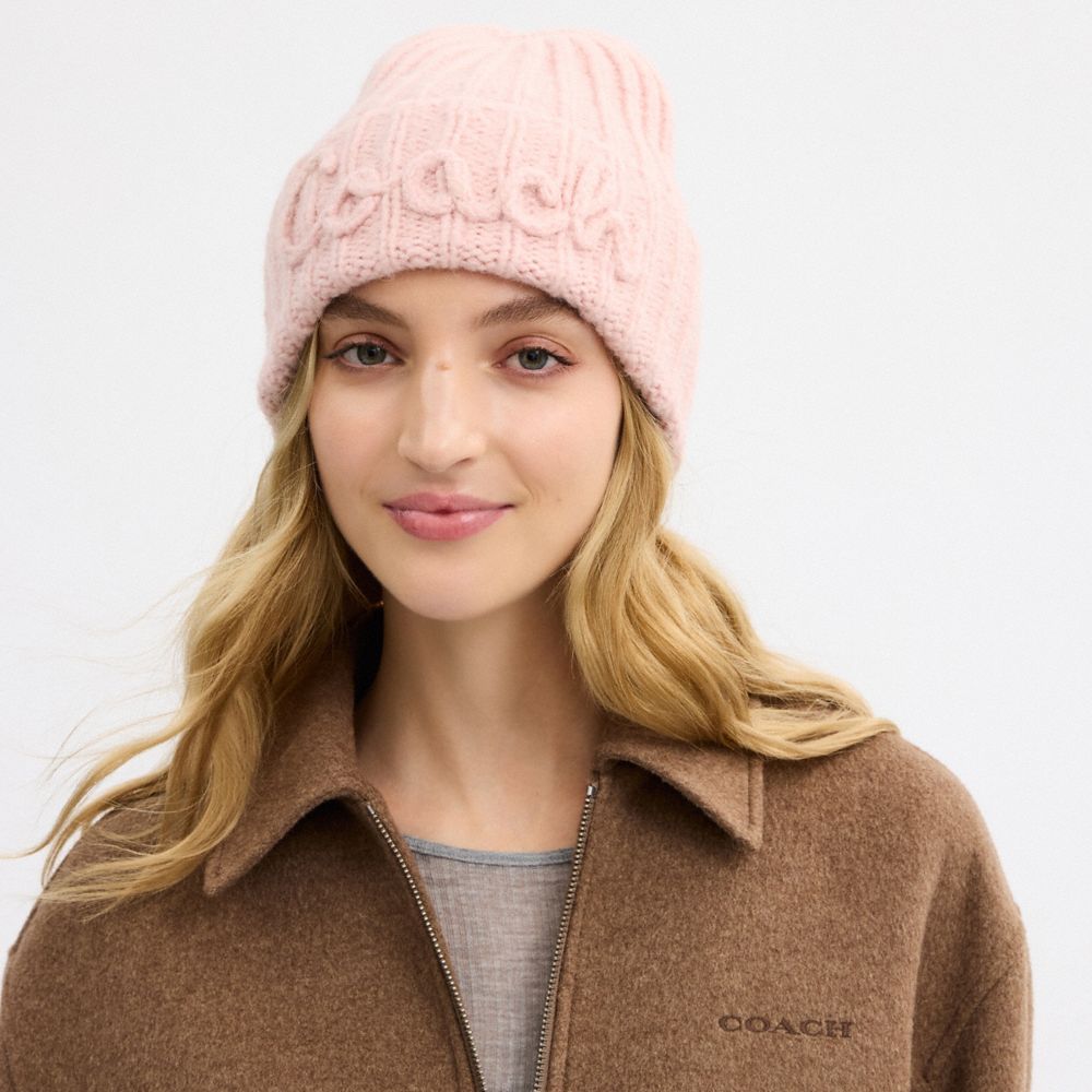 COACH®,Coach Script Knit Beanie,Pink,Detail View