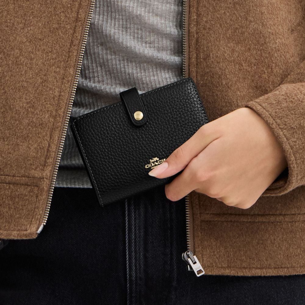 COACH®,2-In-1 Wallet,Leather,Bi Fold,Logo,Metal,Set,Casual,Black,Detail View