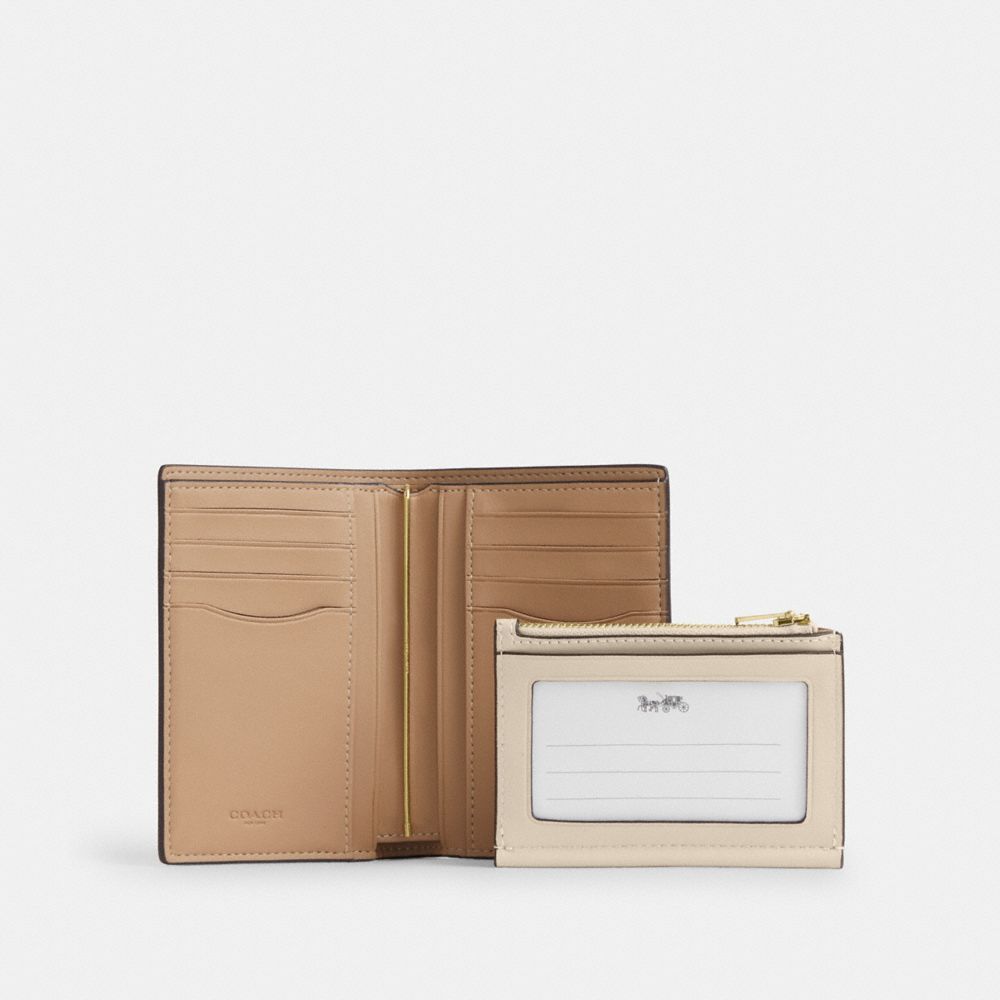 COACH®,2-In-1 Wallet,Leather,Bi Fold,Logo,Metal,Set,Casual,Beige,Back View