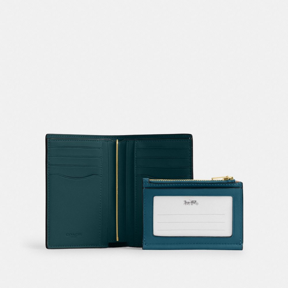 COACH®,2-In-1 Wallet,Leather,Bi Fold,Logo,Metal,Set,Casual,Teal,Back View