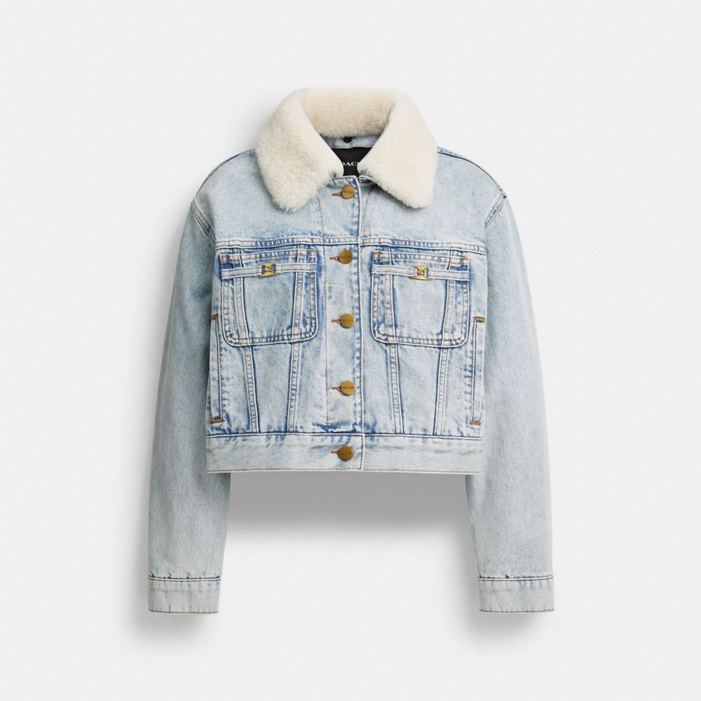 Coach Cropped Heritage C Denim Trucker Jacket In Organic Cotton With Shearling Collar In Blue