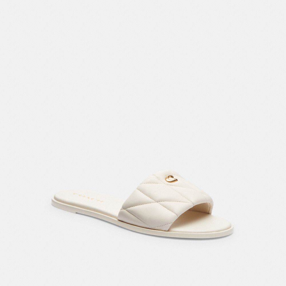 COACH®,Holly Sandal With Quilting,Lining Leather,Rubber,Leather,Faux Leather,Slides,Logo,Metal,Padded Insole,Traction,Cush...,Cream,Front View