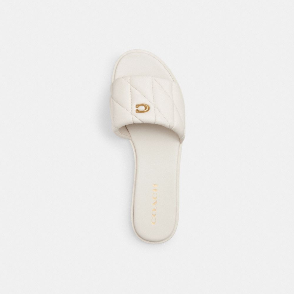 COACH®,Holly Sandal With Quilting,Lining Leather,Rubber,Leather,Faux Leather,Slides,Logo,Metal,Padded Insole,Traction,Cush...,Cream,Inside View,Top View