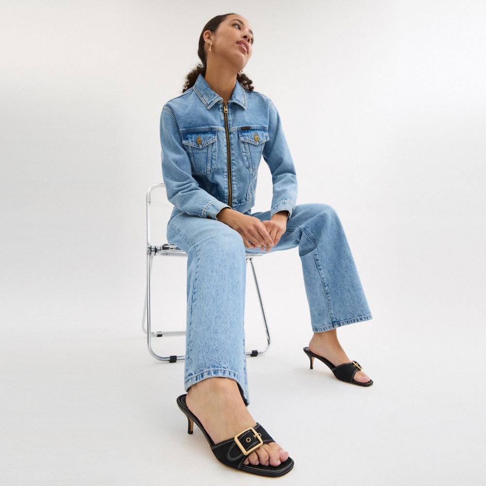 COACH®,Margot Sandal In Signature Jacquard,Recycled Cotton,Recycled Polyester,Leather,Slides,Fabric,Piping,Logo,Sustainabl...,Black,Detail View