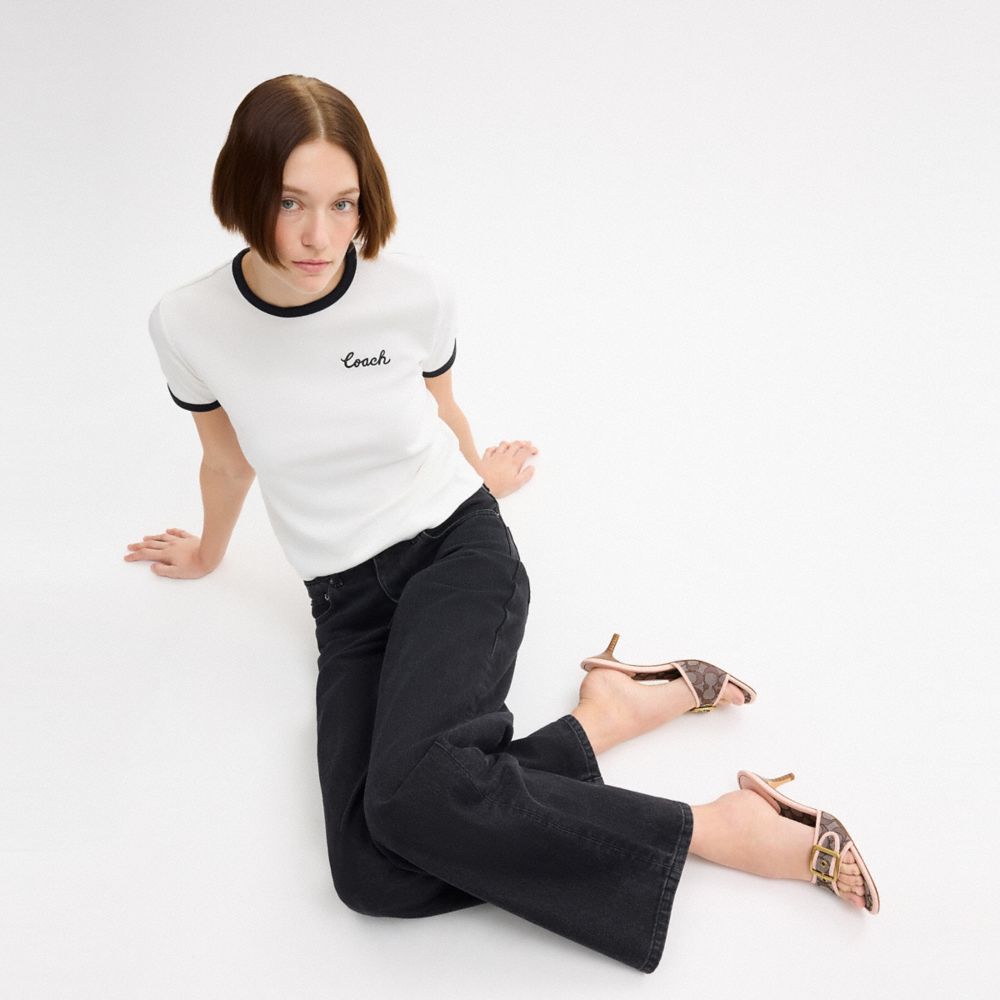 COACH®,Margot Sandal In Signature Jacquard,Recycled Cotton,Recycled Polyester,Leather,Slides,Fabric,Piping,Logo,Sustainabl...,,Detail View