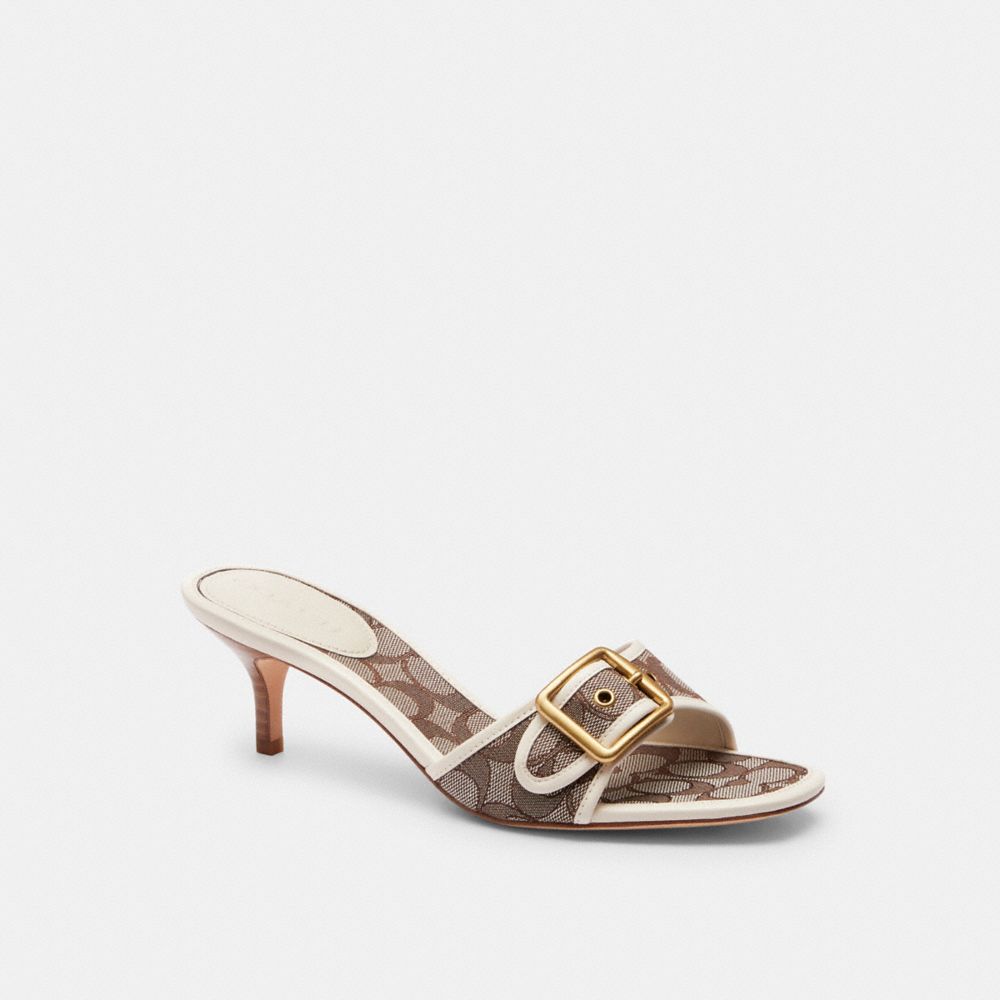 COACH®,Margot Sandal In Signature Jacquard,Leather,Recycled Cotton,Recycled Polyester,Slides,Fabric,Piping,Logo,Sustainabl...,Brown,Front View