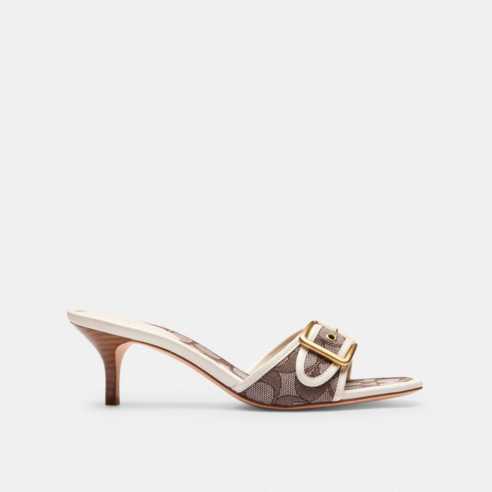 COACH®,Margot Sandal In Signature Jacquard,Leather,Recycled Cotton,Recycled Polyester,Slides,Fabric,Piping,Logo,Sustainabl...,Brown,Angle View