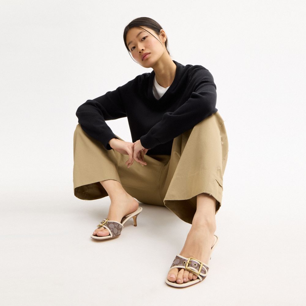 COACH®,Margot Sandal In Signature Jacquard,Recycled Cotton,Recycled Polyester,Leather,Slides,Fabric,Piping,Logo,Sustainabl...,Brown,Detail View