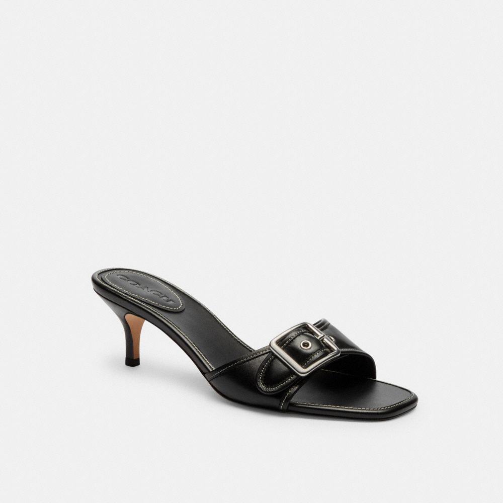 COACH®,Margot Sandal,Leather,Rubber,Slides,Pull Tab,Day Party,Black,Front View