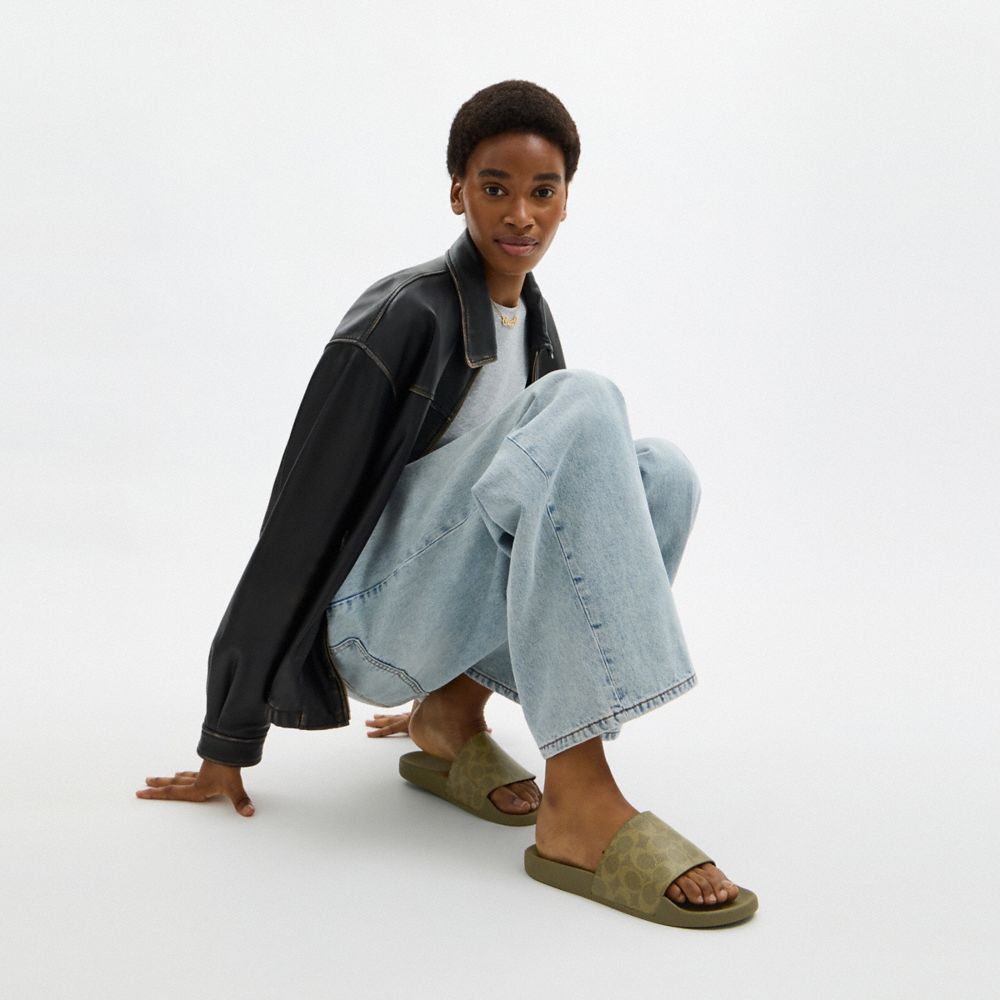 COACH®,Udele Sport Slide In Signature Canvas,Rubber,Canvas,Slides,Casual,Olive,Detail View