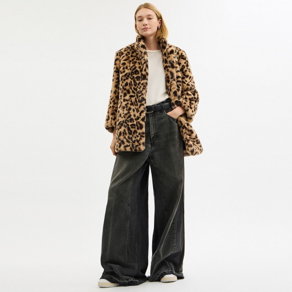 COACH®,Leopard Print Faux Fur Coat In Recycled Polyester,,Scale View