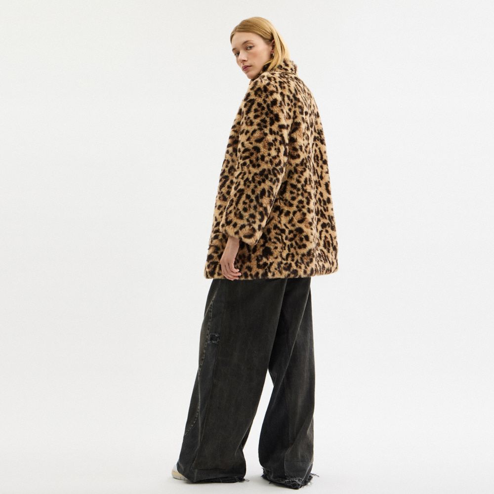 COACH®,Leopard Print Faux Fur Coat In Recycled Polyester,,Scale View