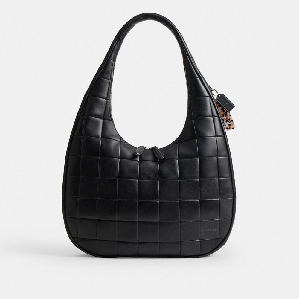 Coach Alter/ego Large Crescent Shoulder Bag In Checkerboard Upcrafted Leather In Black