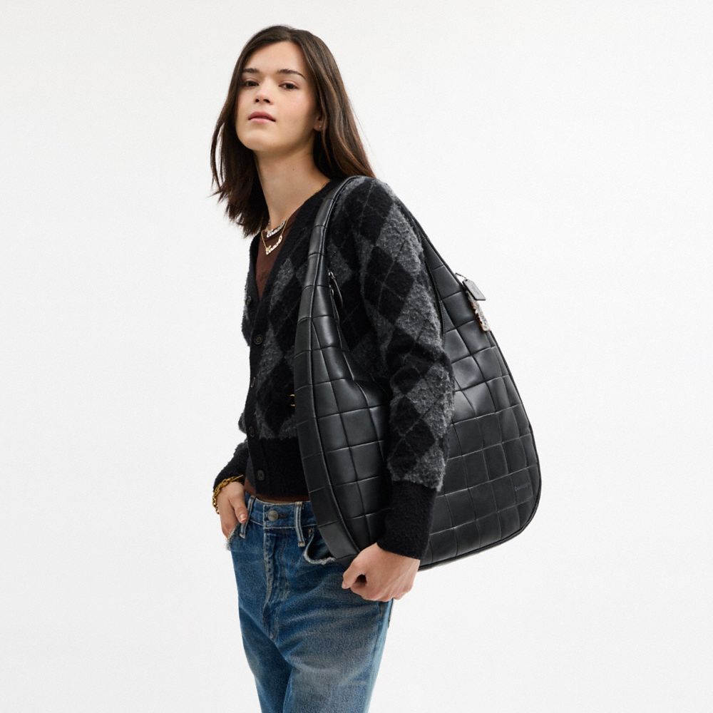 Coach Alter/ego Large Crescent Shoulder Bag In Checkerboard Upcrafted Leather In Black