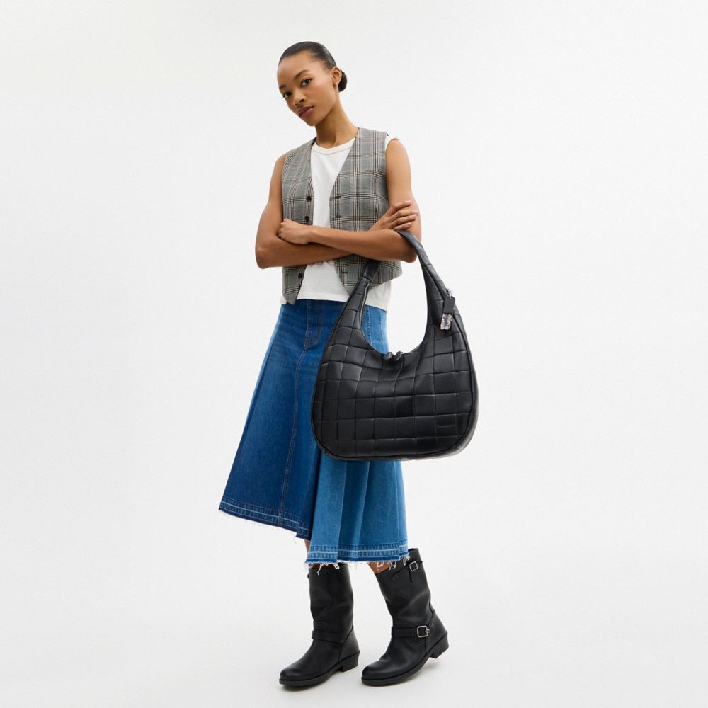 COACH®,Grand sac épaule croissant Alter/Ego en cuir Upcrafted à carreaux,CUIR RETRAVAILLÉ,Noir,Detail View