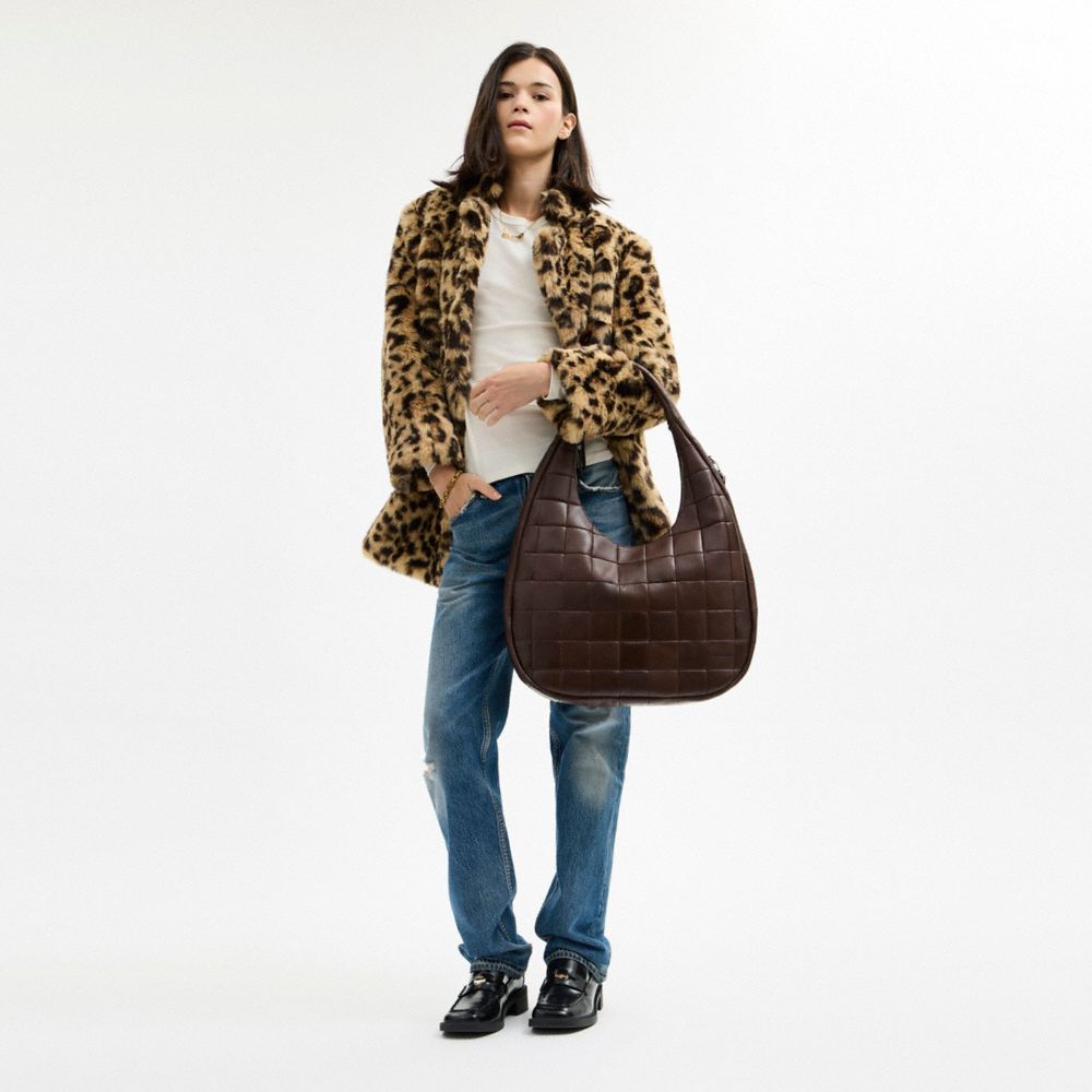 Coach Alter/ego Large Crescent Shoulder Bag In Checkerboard Upcrafted Leather In Brown