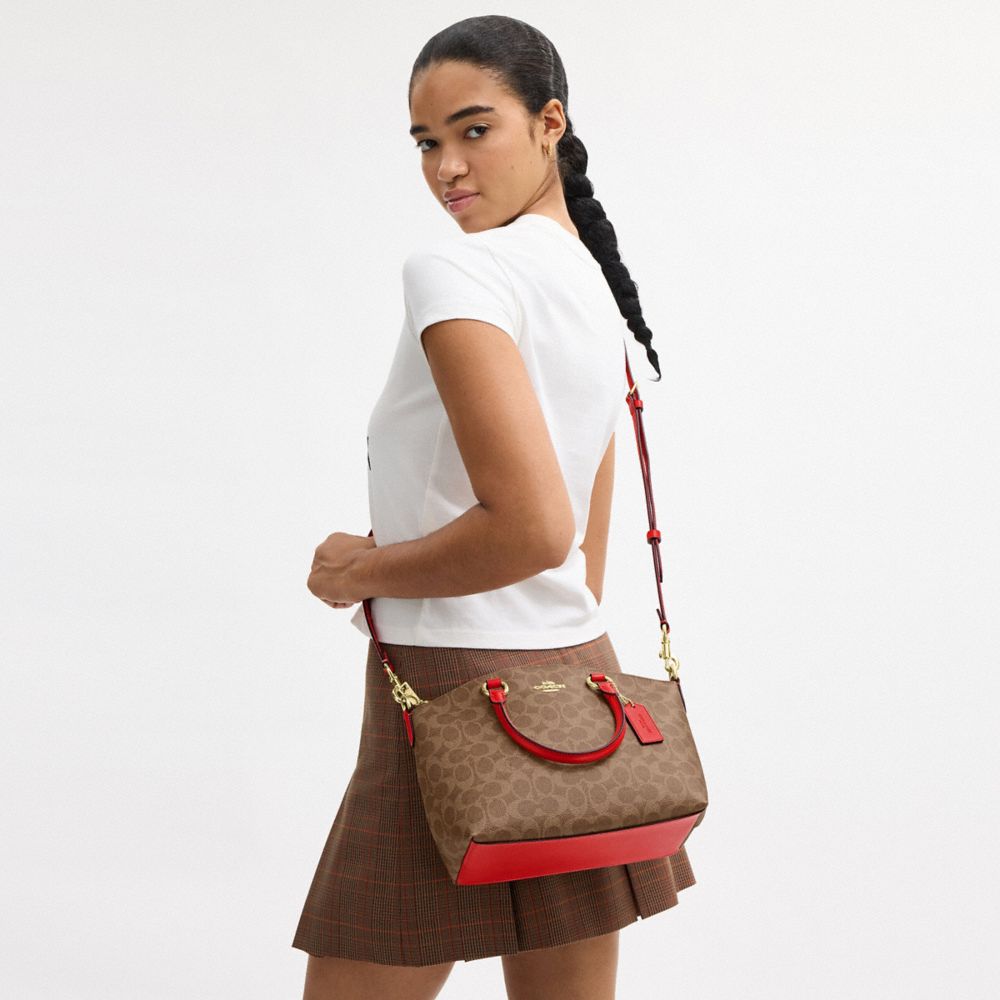 COACH®,Sadie Satchel Bag In Signature Canvas,Brown