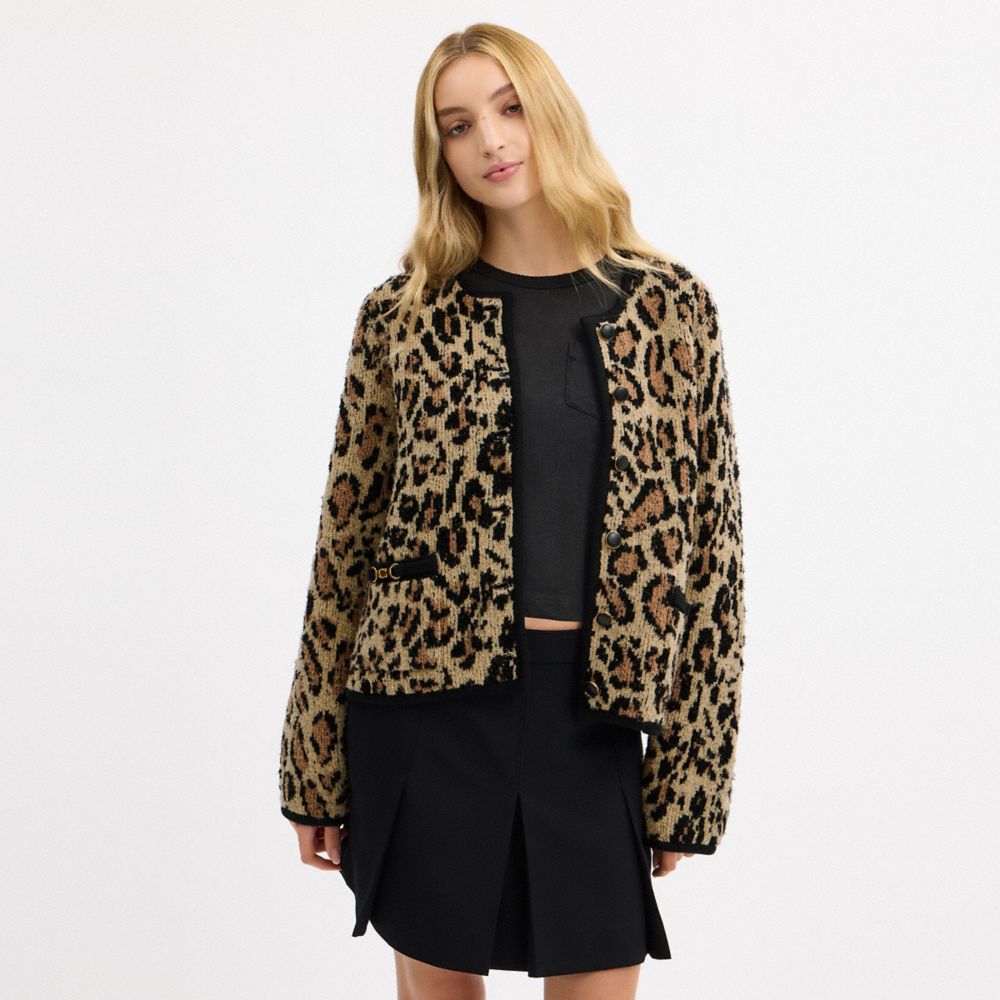 COACH®,Leopard Print Sculpted C Heritage Cardigan,,Scale View