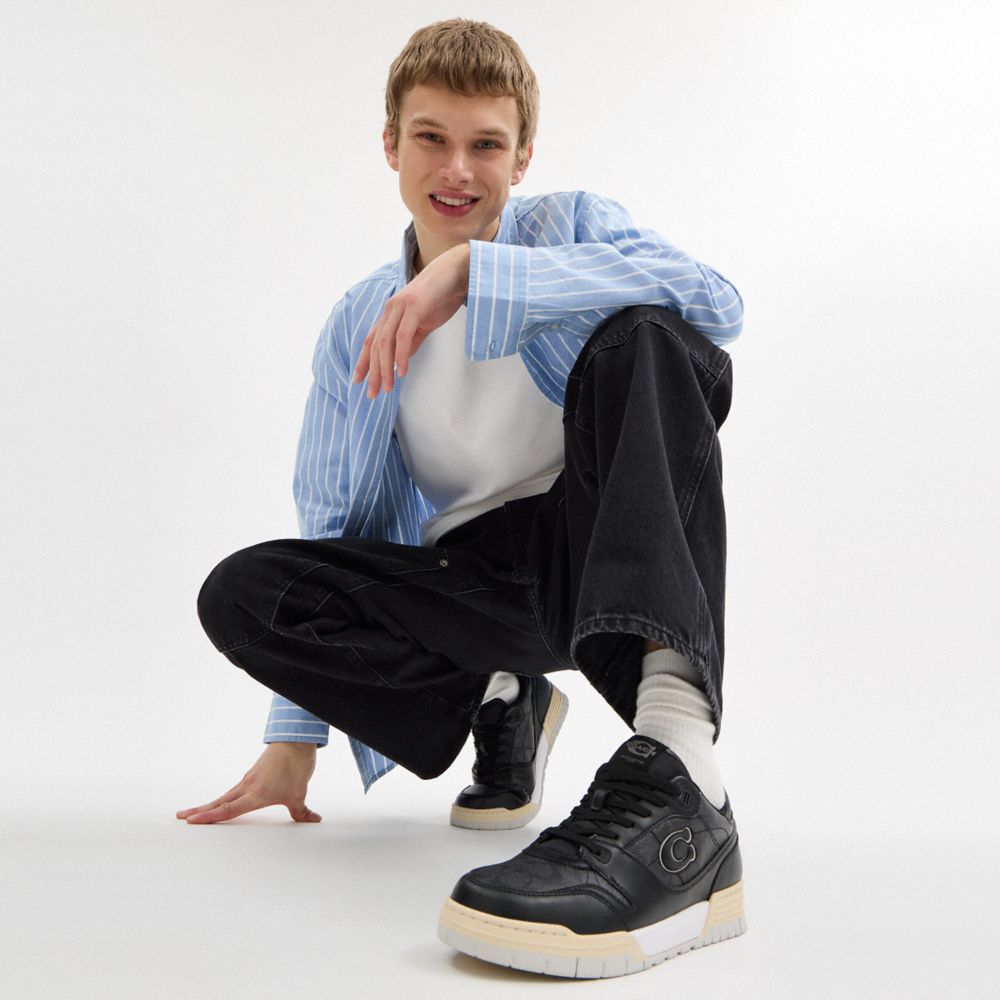 COACH®,Soho Sneaker With Signature Canvas,Rubber,Recycled Polyester,EVA,Canvas,Leather,Casual,Logo,Sustainable,Casual,Black,Detail View