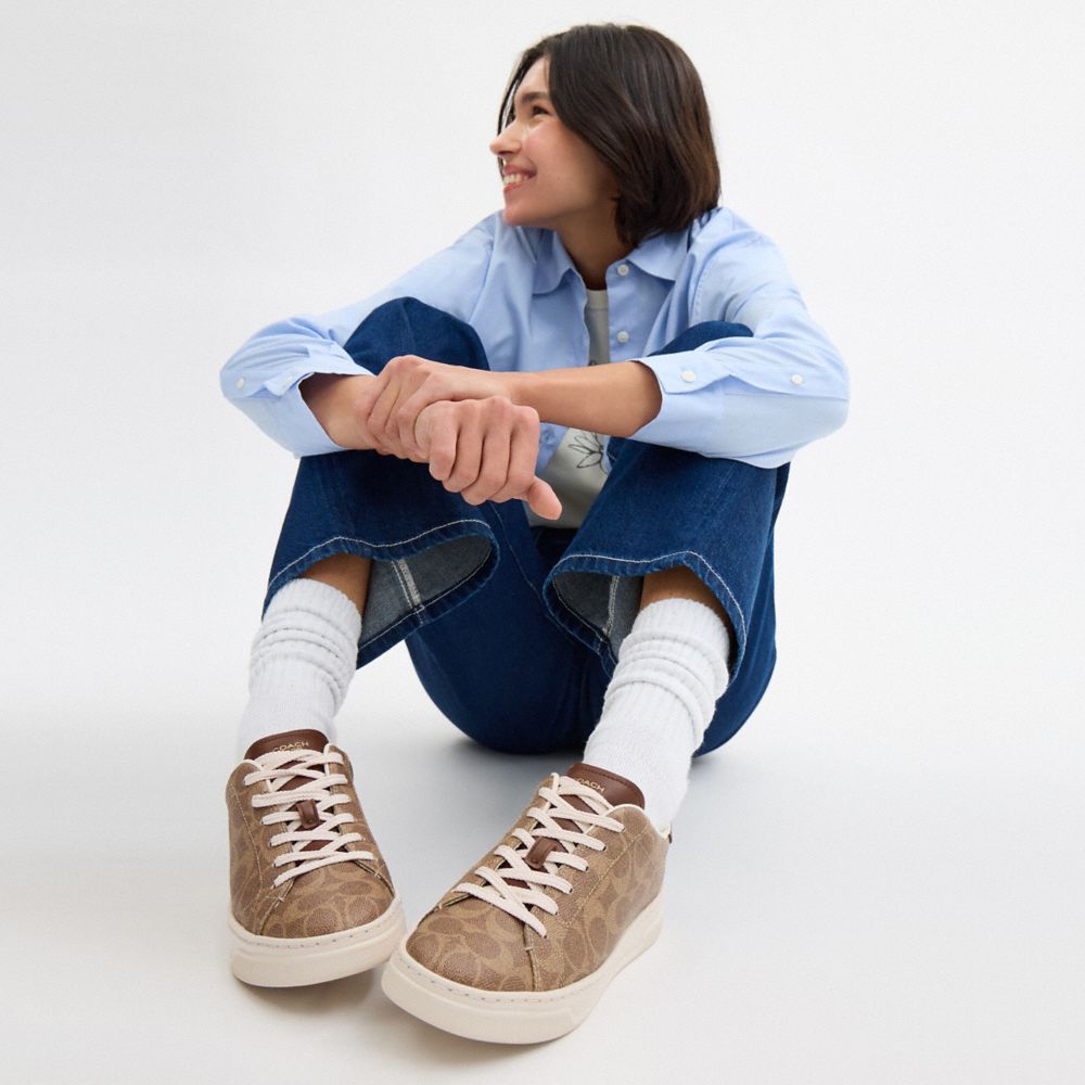 COACH®,High Line Sneaker In Signature Canvas,EVA,Canvas,Leather,Casual,Fabric,Logo,Pull Tab,Casual,Brown,Detail View