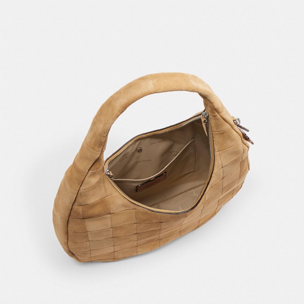 Coach Alter/ego Large Crescent Shoulder Bag In Checkerboard Upcrafted Suede In Sand
