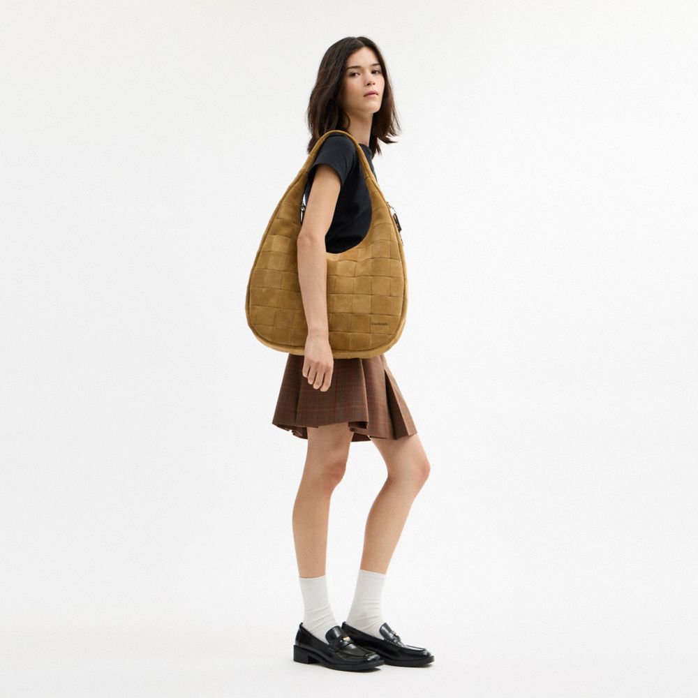 Coach Alter/ego Large Crescent Shoulder Bag In Checkerboard Upcrafted Suede In Sand