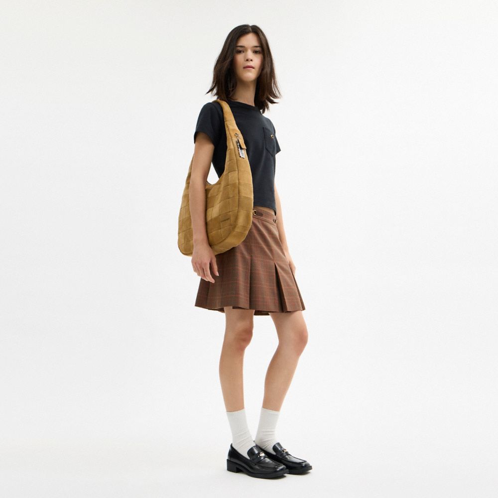 Coach Alter/ego Large Crescent Shoulder Bag In Checkerboard Upcrafted Suede In Sand