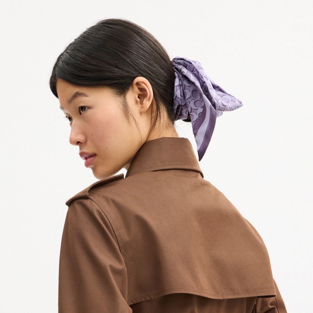 COACH®,Signature Silk Skinny Scarf,Silk,Satin,Neck Gaiter,Logo,Pattern,Casual,Purple,Detail View