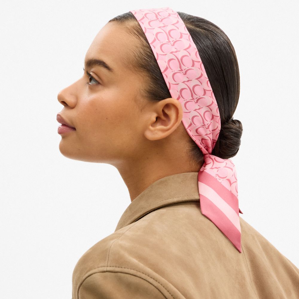 COACH®,Signature Silk Skinny Scarf,Satin,Silk,Neck Gaiter,Logo,Pattern,Casual,Pink,Detail View