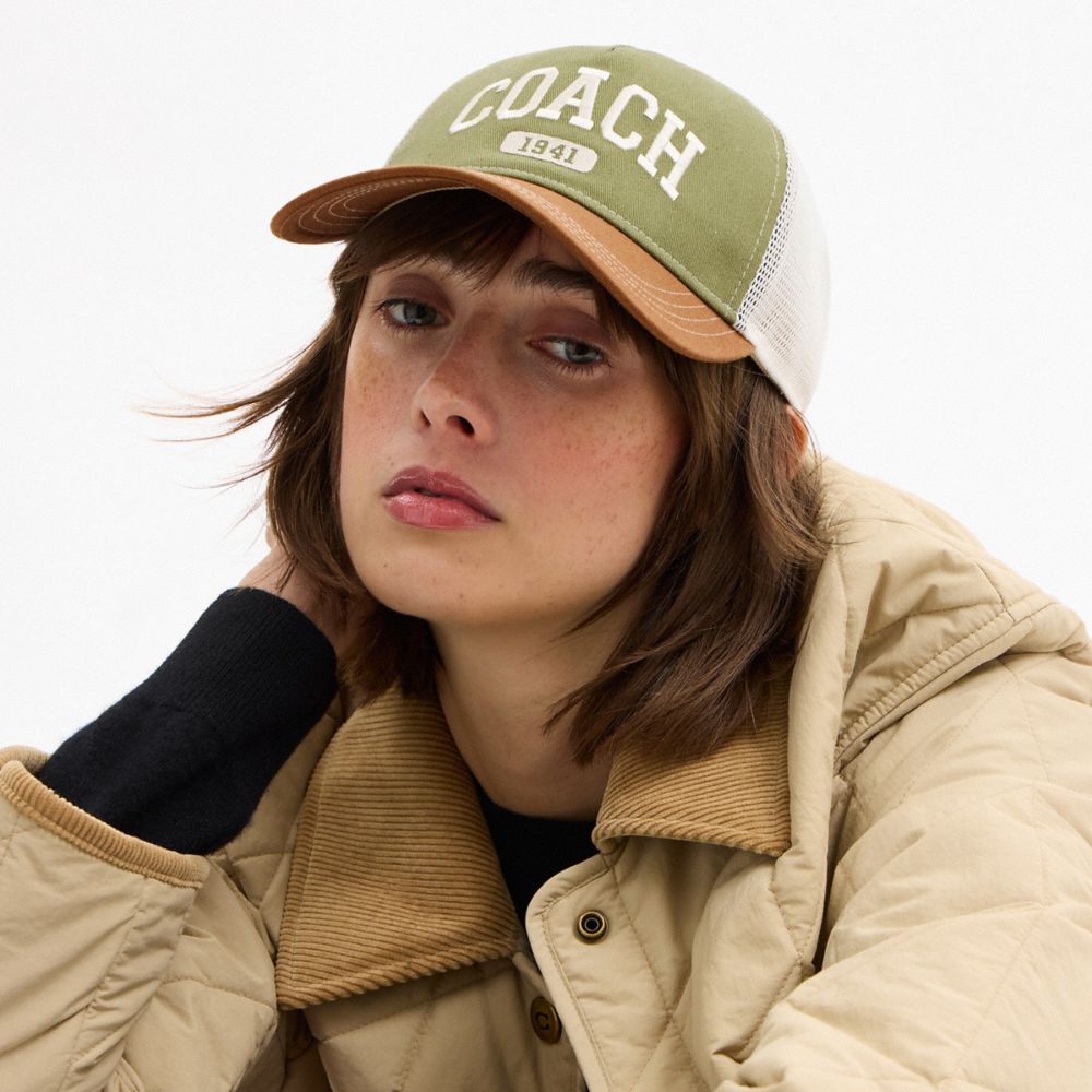 COACH®,Coach 1941 Varsity Trucker Hat,Mesh,Mixed Media,Cotton,Cotton Blend,Trucker,Embroidered,Mesh,Logo,Color Block,Breat...,Multi Color,Detail View
