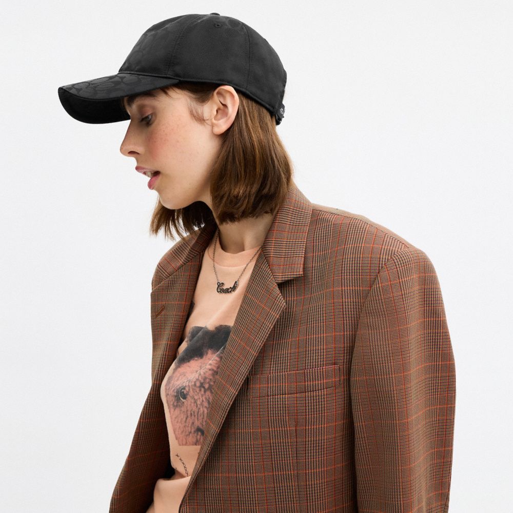 COACH®,Tonal Signature Baseball Hat,Nylon,Cotton,Baseball Cap,Metal,Graphic,Pattern,Grommet,Logo,Embossed,Cooling,Adjustab...,Black,Detail View