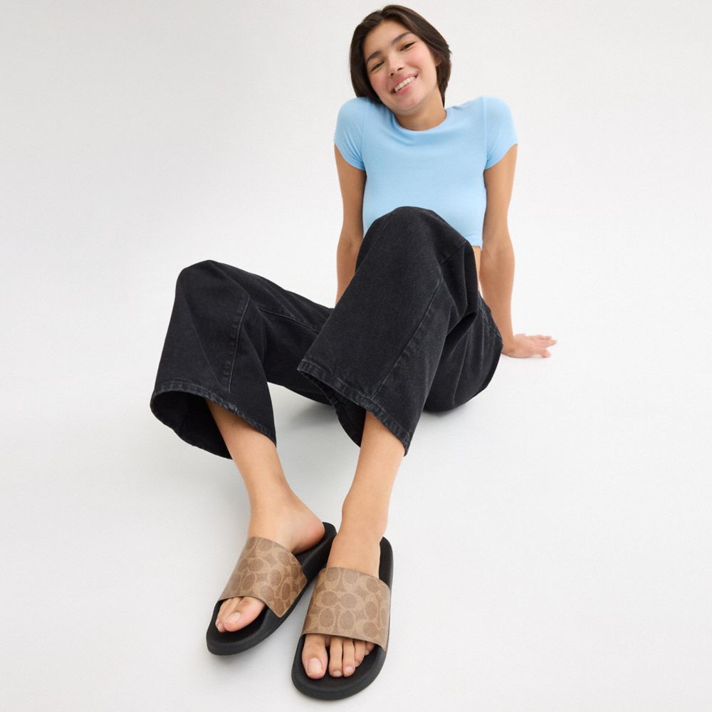 COACH®,Udele Sport Slide In Signature Canvas,Canvas,EVA,Rubber,Slides,Plastic,Word Embellishment,Logo,Pull Tab,Casual,Brown,Detail View