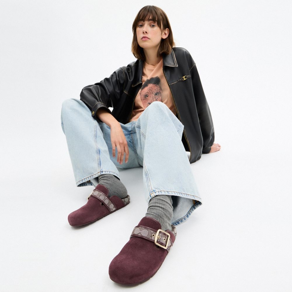 COACH®,Archival Buckle Clog,Suede,Rubber,Clogs,Fabric,Word Embellishment,Logo,Traction,Sustainable,Cushioned Outsole,Padde...,Maroon,Detail View