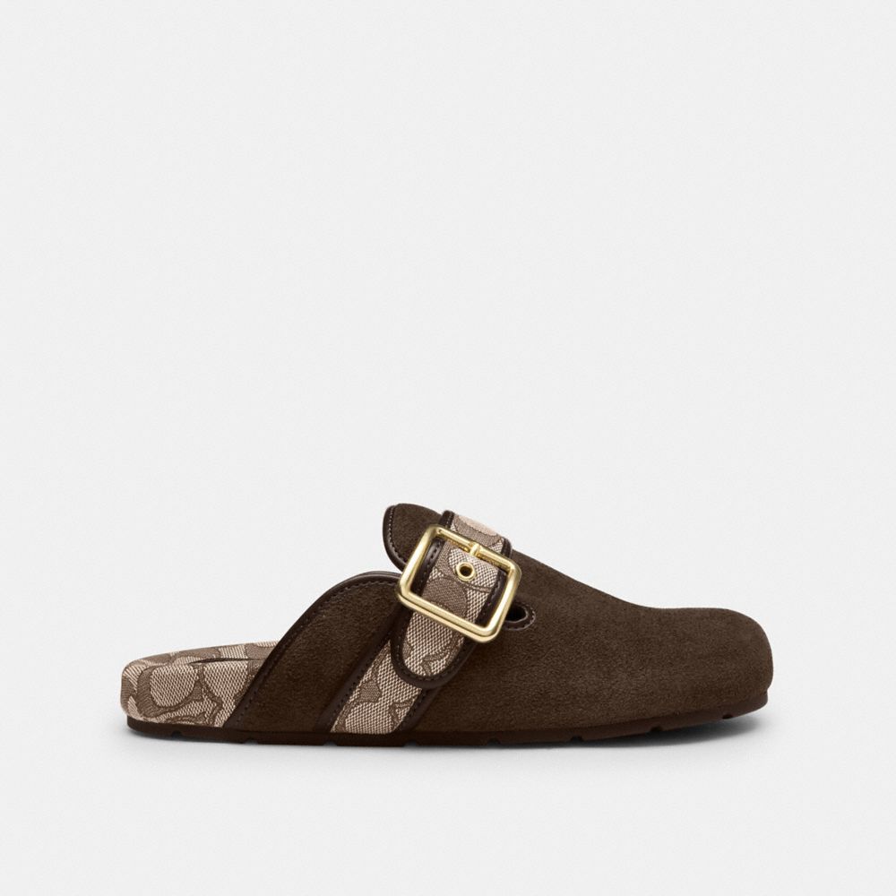 COACH®,Archival Buckle Clog,Rubber,Suede,Clogs,Fabric,Word Embellishment,Logo,Padded Insole,Sustainable,Traction,Cushioned...,,Angle View