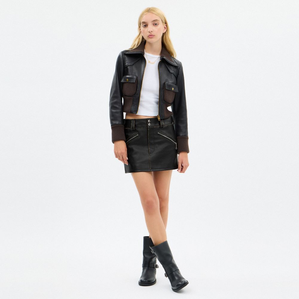 Coach Loved Leather Moto Mini Skirt In Black