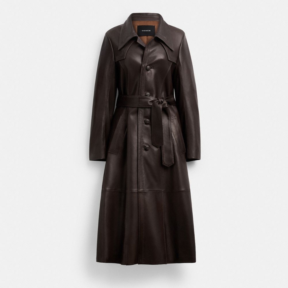 Coach Single Breasted Leather Trench Coat In Brown