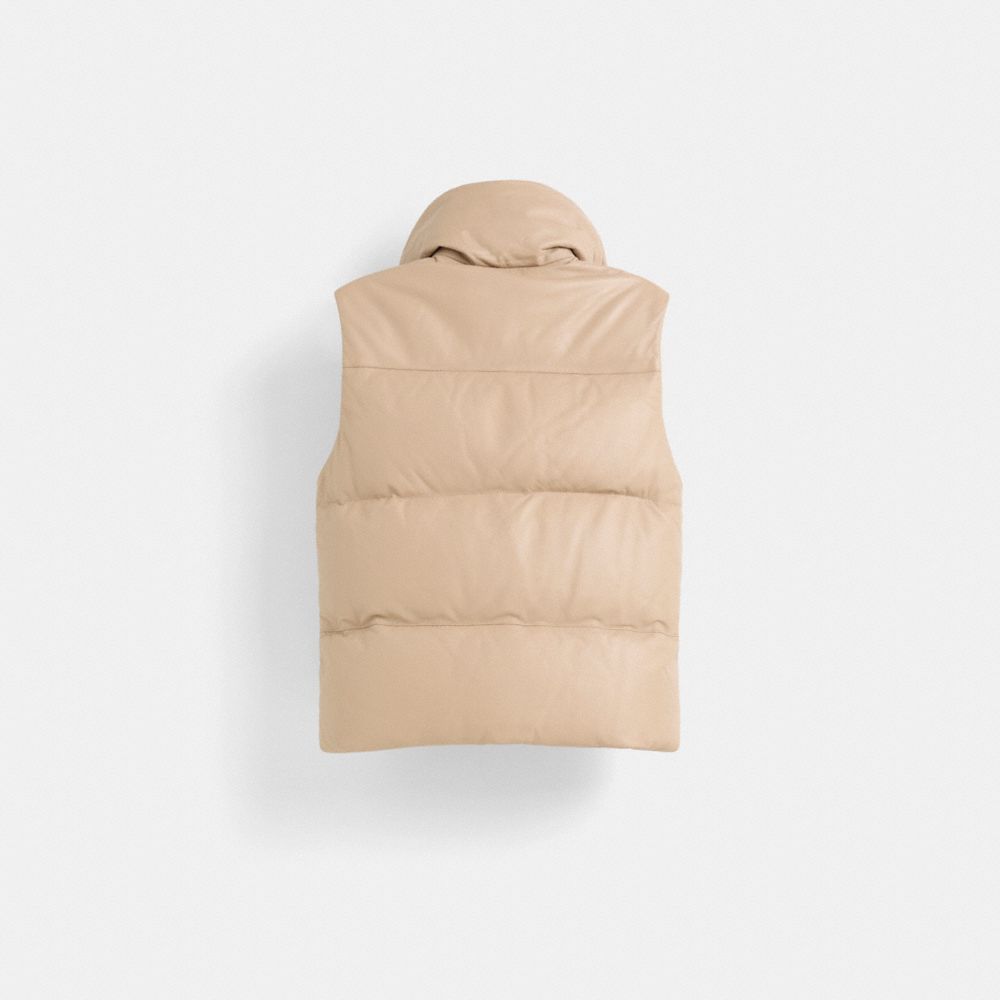 COACH®,Restored Leather Puffer Vest,Beige,Back View