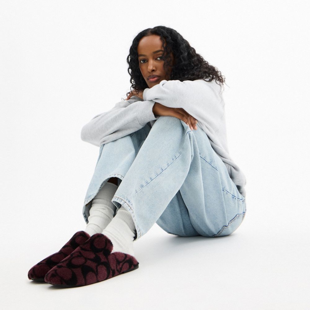 COACH®,Slipper In Signature Shearling,Rubber,Leather,Shearling,Slippers,Smoking Flat,Mules,Logo,Traction,Padded Insole,Cus...,Multi Color,Detail View