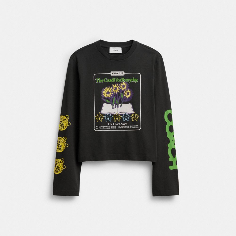 Coach Long Sleeve Graphic T Shirt In Organic Cotton In Black