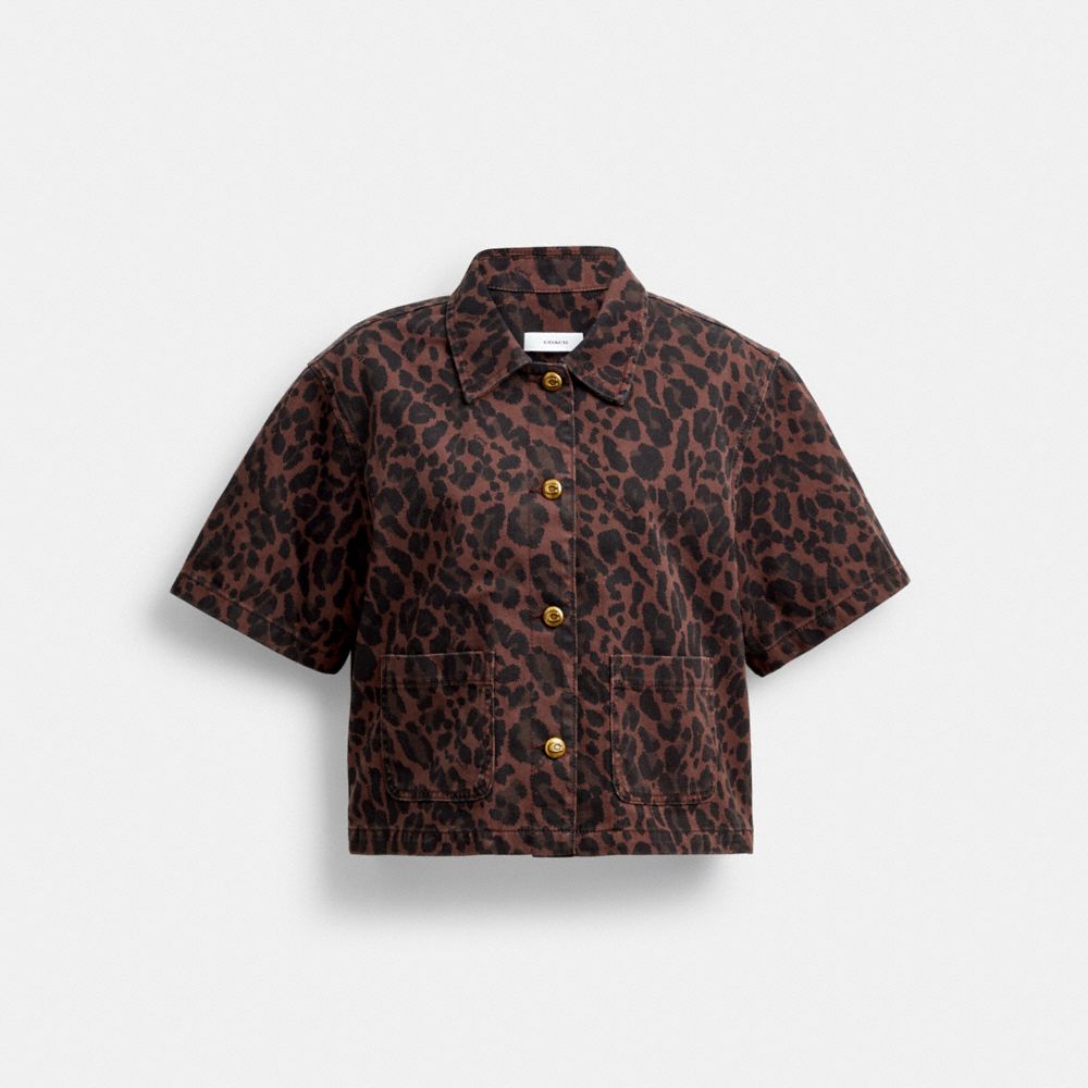 Coach Leopard Print Denim Short Sleeve Top In Organic Cotton In Brown