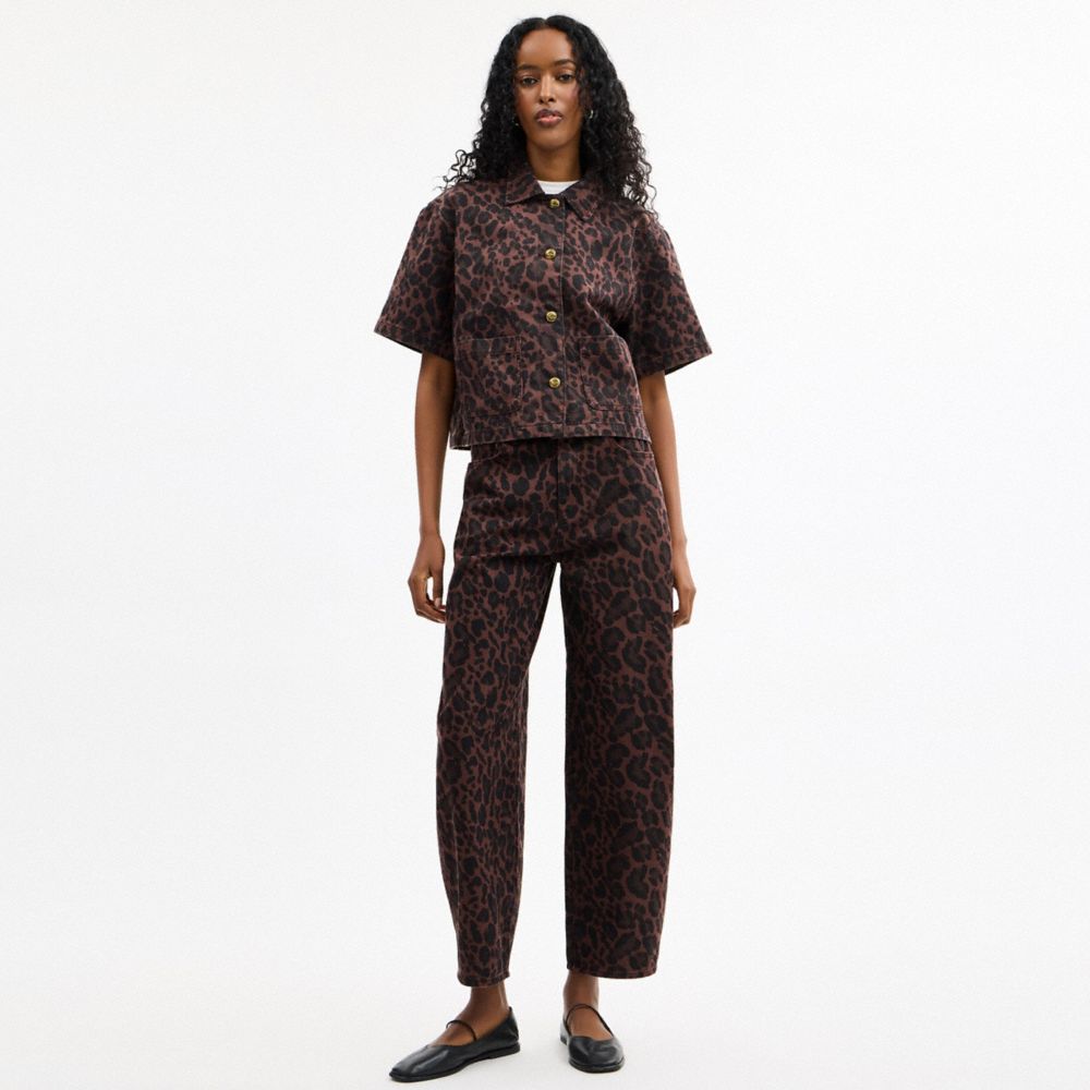 Coach Leopard Print Denim Short Sleeve Top In Organic Cotton In Brown