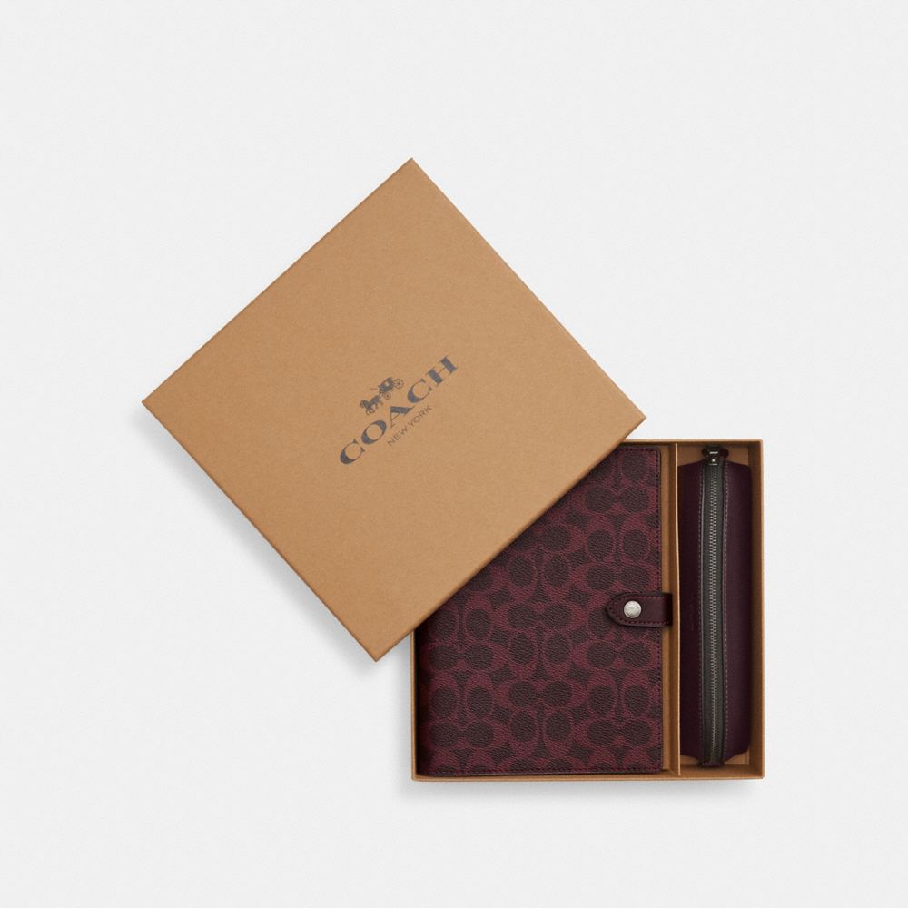 COACH®,Boxed Notebook And Pencil Case Set In Signature Canvas,Maroon,Front View