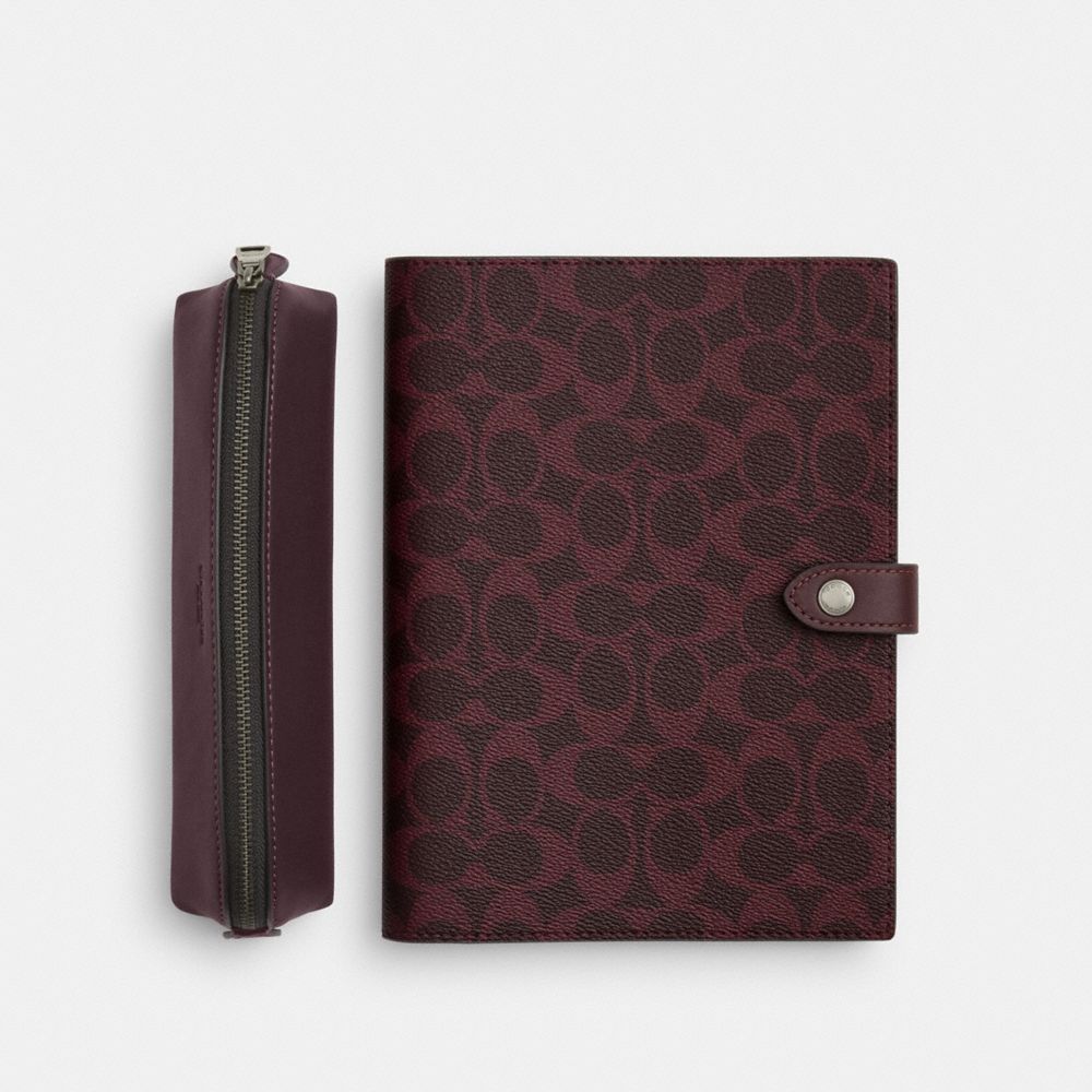 COACH®,Boxed Notebook And Pencil Case Set In Signature Canvas,Maroon,Inside View,Top View