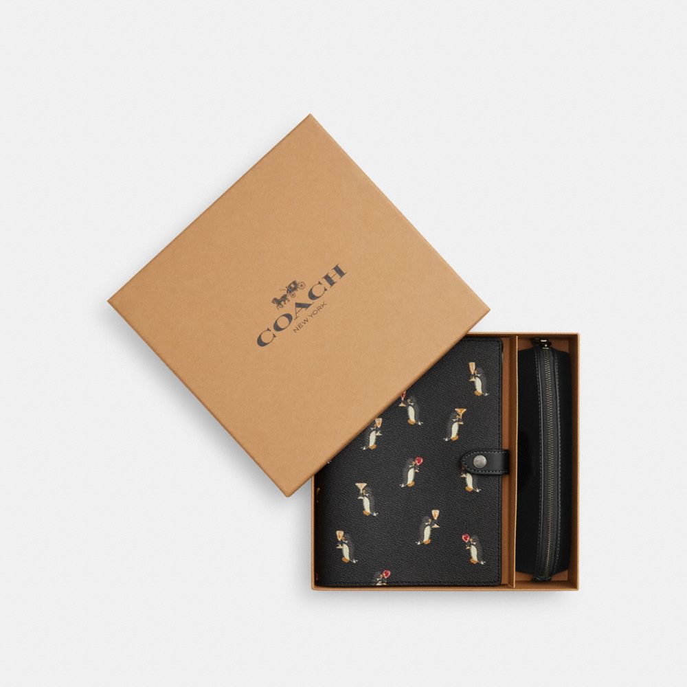 COACH®,Boxed Notebook And Pencil Case Set With Penguin Print,Black,Front View