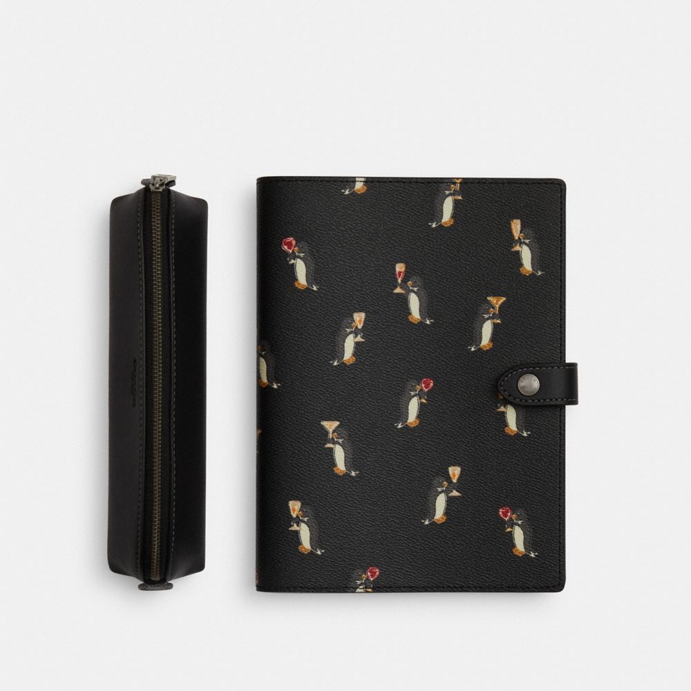 COACH®,Boxed Notebook And Pencil Case Set With Penguin Print,Black,Inside View,Top View