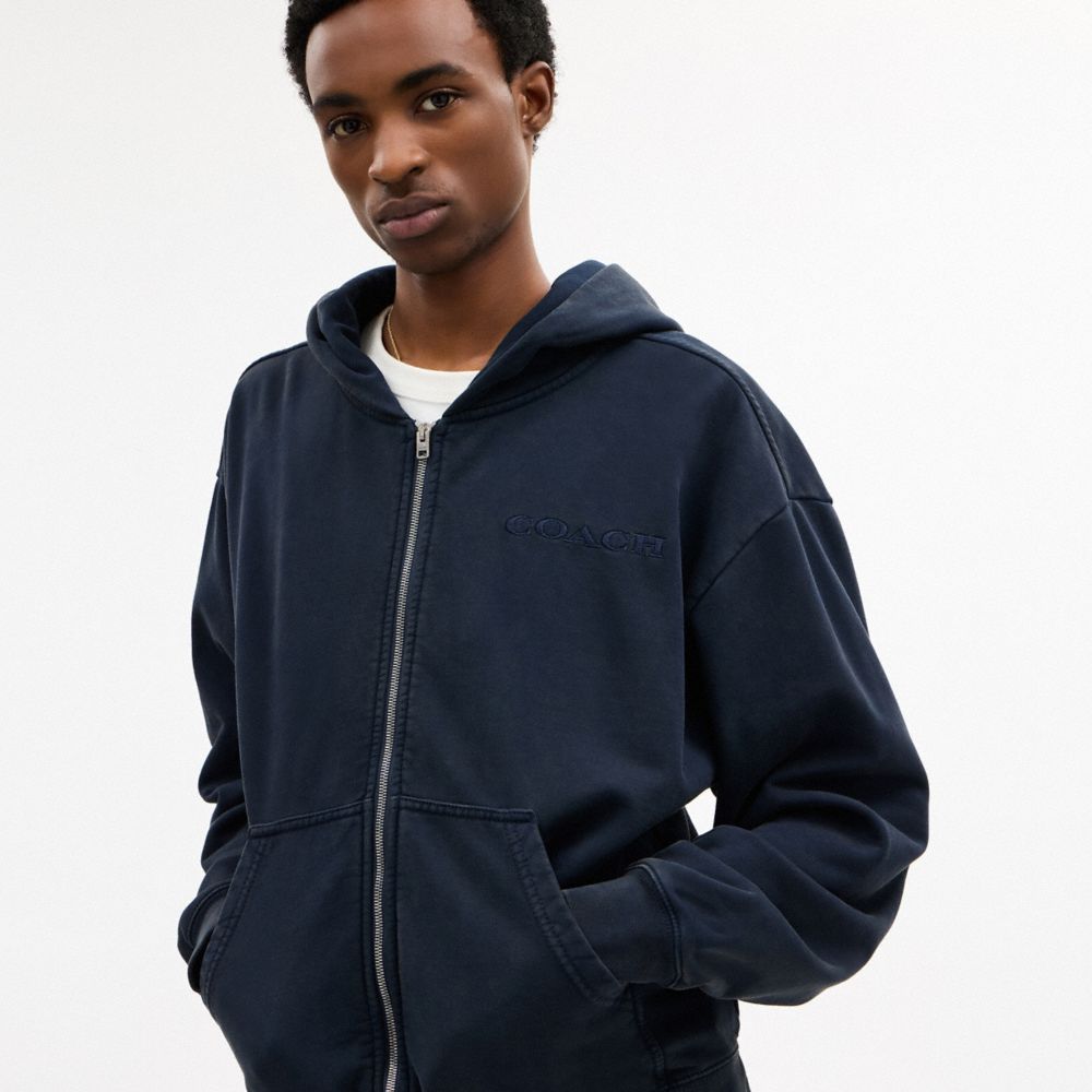Coach Garment Dyed Zip Hoodie In Blue