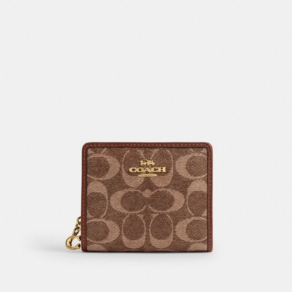 COACH®,Snap Wallet In Signature Chenille,Chenille Knit,Leather,Bi Fold,Metal,Logo,Key Ring,Casual,Brown,Front View