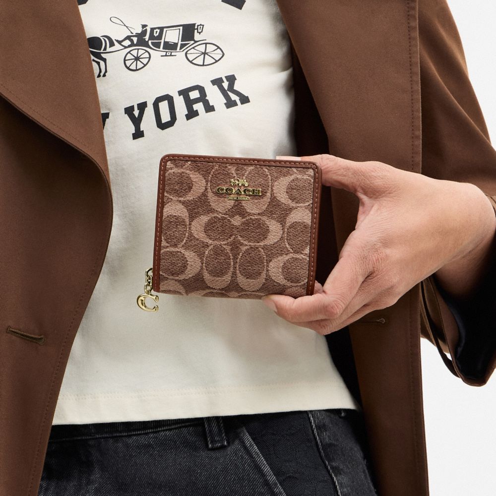 COACH®,Snap Wallet In Signature Chenille,Chenille Knit,Leather,Bi Fold,Metal,Logo,Key Ring,Casual,Brown,Detail View