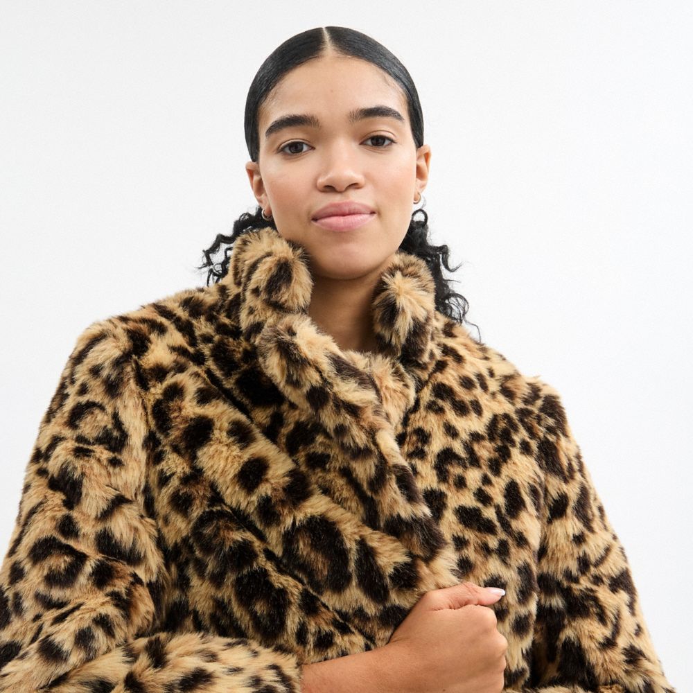 COACH®,Runway Leopard Faux Fur Coat,,Detail View