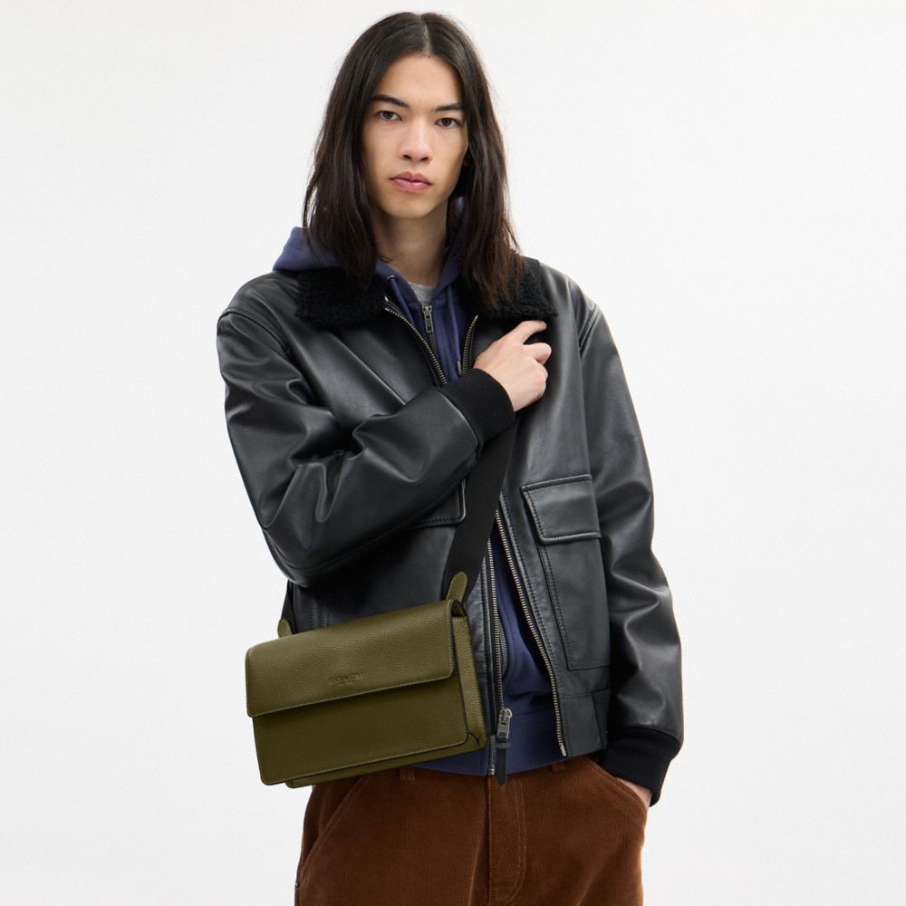 COACH®,Turner Flap Crossbody Bag,Leather,Crossbody,Logo,Olive,Detail View